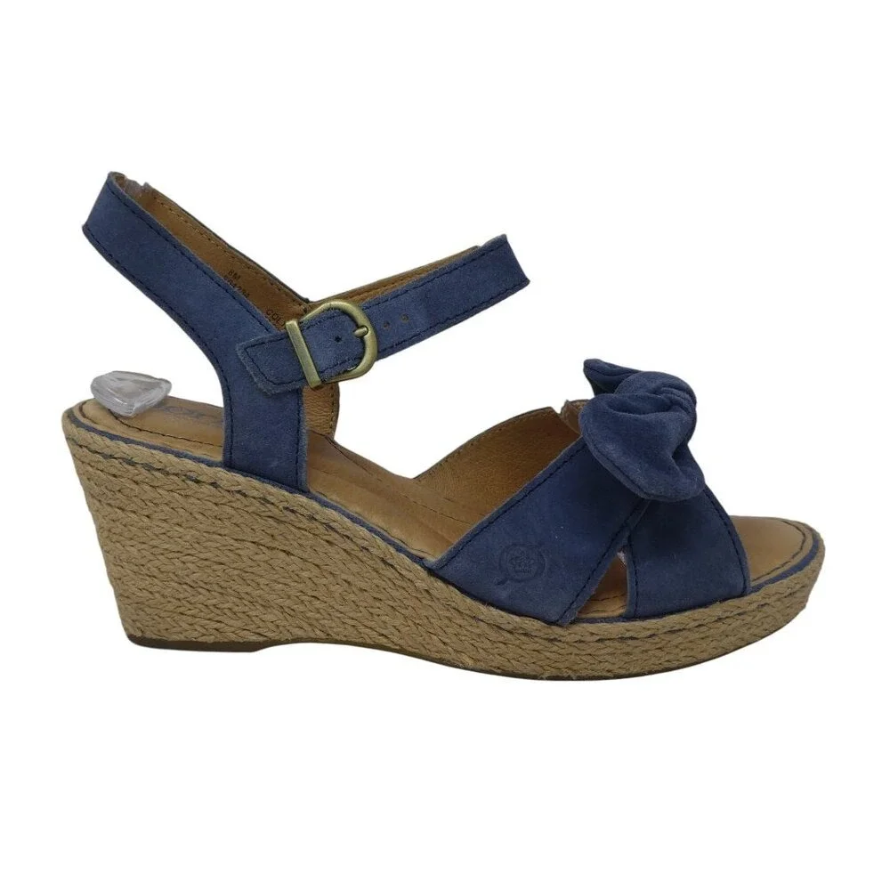 Born Monticello Wedge Sandals Womens 8 Blue Suede Bow‎ Espadrille